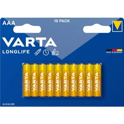 Obrázek VARTA Baterie AAA, 10 kusů, Longlife, alkalické, 1,5 V, ideální pro dálkové ovládání, budík, rádia, Made in Germany