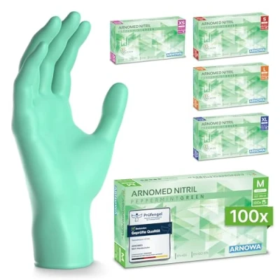 Obrázek ARNOMED jednorázové rukavice zelené 100 kusů/krabice, nitrilové M, rukavice, bez pudru, gumové latexu, na jedno použití ve XS, S, L &amp; XL