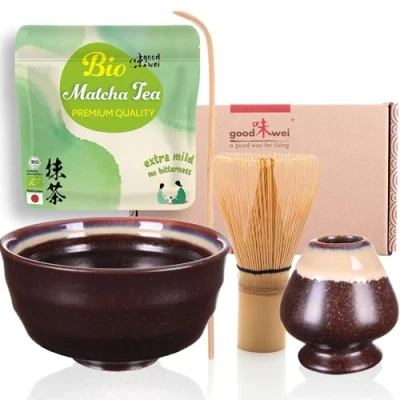 Obrázek Goodwei Matcha sada s koštětem Matcha, miska držák košťat z keramiky a BIO Tee Japonska dárková (Kumo)