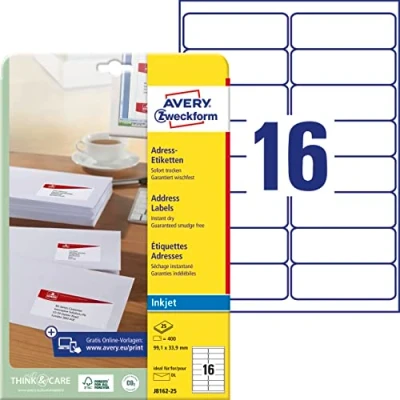 Obrázek AVERY Zweckform J8162 25 adresové štítky/adresové štítky (400 etiket, 99,1 x 33,9 mm na A4, lze potisknout, samolepicí, pro dopisní obálky DIN dlouhé, papír matný, inkoustový tisk) listů, bílý