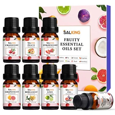 Obrázek Salking sada éterických olejů, 8x10 ml bio vonný olej pro aromaterapii, dárková difuzér, zvlhčovač vzduchu, masáž, citrón, jahody, brusinky, broskve, bergamot, kokos, fíky, grapefruit