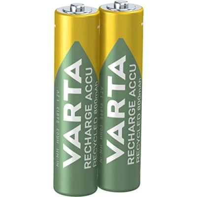Obrázek VARTA Baterie AAA, nabíjecí, 2 kusy, akumulátor Recharge Recycled, akumulátor, 800 mAh Ni MH, z 21 % recyklovaného materiálu, přednabitý, okamžitě připravený k použití