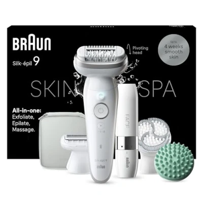 Obrázek Braun Sada epilátoru Silk épil 9 SkinSpa All in One, dámský epilátor / odstraňovač chloupků pro dlouhotrvající odstraňování chloupků, Ladyshaver, Facespa, 9381, bílá/stříbrná