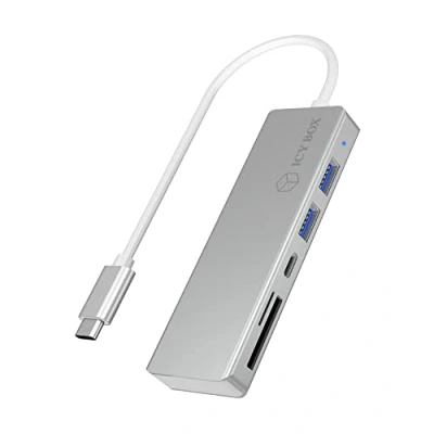 Obrázek ICY BOX 60369 3násobný USB C hub a čtečka karet pro SD microSD,3 x 3.0, 3 přípojka, hliník, integrovaný kabel, stříbrná/bílá