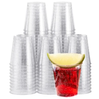Obrázek MATANA 60 skleniček na pálenku z plastu se stříbrnými třpytkami, 3 cl pinner plast, skleničky focení, kelímky pálenku, plastové party příslušenství stabilní a opakovaně použitelné