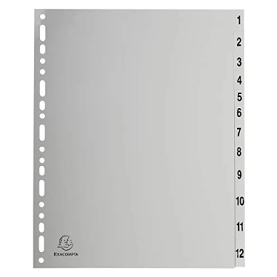 Obrázek Exacompta 2912E plastový rejstřík 1 12 pro DIN A4 MAXI z recyklovaného plastu 12dílná plná výška 24 x 29,7 cm šedá s potištěnými záložkami univerzální děrování modrý anděl dělicí listy proužky