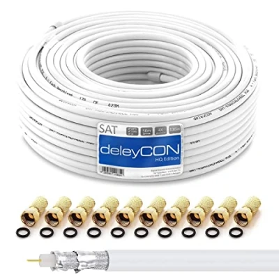 Obrázek deleyCON HQ 50m SAT koaxiální kabel 130dB 4násobně stíněný pro DVB S S2 T a C ocel/měď vnitřní vodič 4K 1080p FULL HD HDTV vč. 10x pozlaceného konektoru F
