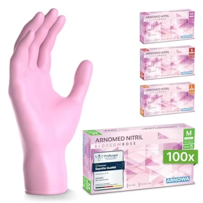 Obrázek ARNOMED rukavice na jedno použití růžové, 100 kusů/krabice, nitrilové M, jednorázové rukavice, bez pudru, gumové latexu, ve XS, S, M &amp; L