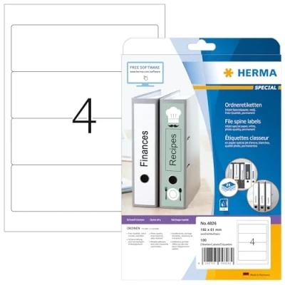 Obrázek HERMA 4826 etikety na hřbety pořadačů krátké široké, 25 listů, 192 x 61 mm, 4 arch A4, 100 kusů, samolepicí, potisknutelné, neprůhledné, inkoustové pořadače štítky zadní stranu