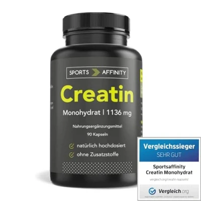 Obrázek Sports Affinity Kreatin monohydrát kapsle 3408 mg kreatinu v denní dávce chuťově neutrální pro zvýšení tělesného výkonu Made in Germany 90 kapslí