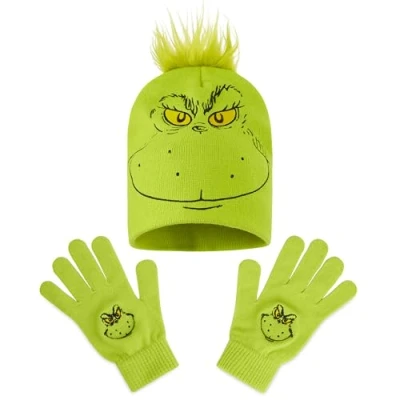 Obrázek The Grinch Dámská čepice a rukavice zimní sada, doplňky, veselá čepice, dárky pro ženy, Zelená 2 ks
