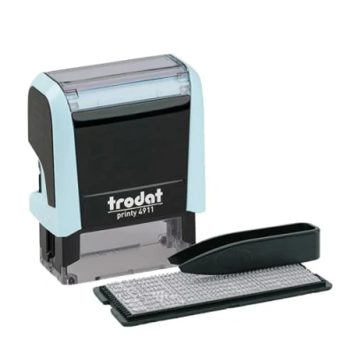 Obrázek Trodat Printy 4911 sada razítek v pastelově modré barvě pro vlastní výměnu 3 řádky textu, otisk 38 x 14 mm, němčina, vč. pinzety, inkoustový polštářek černý &amp; písmen a čísel jedné velikosti