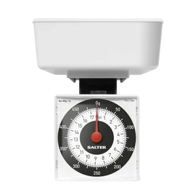 Obrázek Salter 022 WHDR mechanická kuchyňská váha analogová se zábranou, max. 500 g, rozměry v 5 g pro přesné dávkování, baterie, dobře čitelná, kompaktní lze skladovat misce
