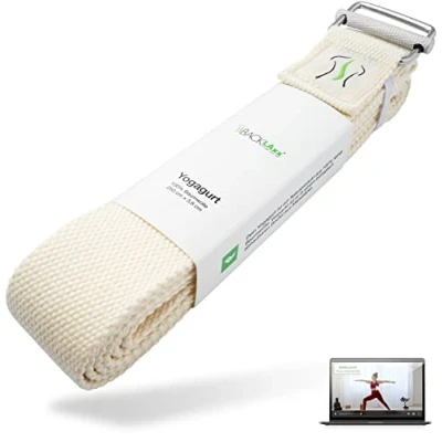 Obrázek BACKLAXX ® Pásek na jógu, bavlna (přírodní) sada příslušenství pás jógu 250 cm dlouhý s praktickým kovovým uzávěrem pilates a protahování vč. aplikačního videa