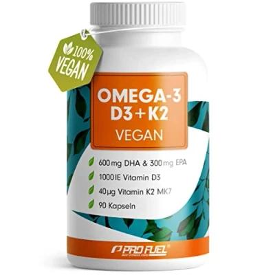 Obrázek Omega 3 vegan + D3 &amp; K2 (90x), 1100 mg řasového oleje s 600 DHA a 300 EPA 1000 IE vitamín 40 µg Vitamin O3 Essentials kapsle ve vysokých dávkách, biologicky