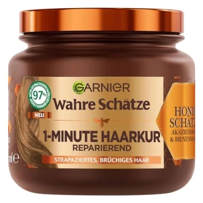 Obrázek Garnier Wahre Schätze regenerující 1minutová vlasová kúra pro lámavé a poškozené vlasy, s akátovým medem včelím voskem méně třepení lámání vlasů, 1 x 340 ml