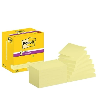 Obrázek Post it Super Sticky Znotes žlutá, výhodné balení s 8 bloky + 4 zdarma, 90 listů na blok, 76 mm x pro poznámky, seznamy úkolů a připomenutí