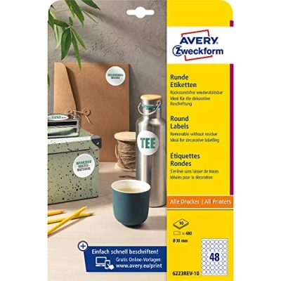 Obrázek AVERY Zweckform 6223REV 10 kulaté etikety (480 lepicích bodů, Ø 30 mm na A4, nálepky k potisku, opět odstranitelné/odstranitelné, samolepicí marmelády) listů, bílé