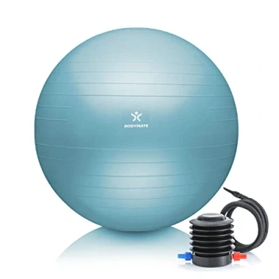 Obrázek BODYMATE Gymnastický míč na sezení tréninkový s e knihou zdarma včetně vzduchové pumpy, pro fitness, jógu, gymnastiku, Core trénink, silná záda jako kancelářská židle ICY Blue 65 cm