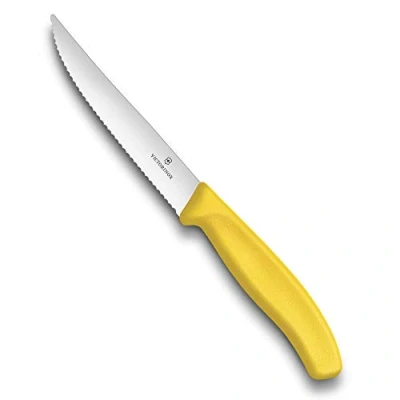 Obrázek Victorinox Swiss Classic, profesionální nůž na steaky a pizzu, extra ostrá čepel, vlnitý brus, 12 cm, plastová rukojeť, nerezová ocel, žlutý