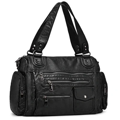 Obrázek VINBAGGE Damen Handtasche Große Schultertasche PU Leder Henkeltasche Frauen Weiches Hobo Tasche Umhängetasche für Reisen Schule Shopping Mädchen Schwarz