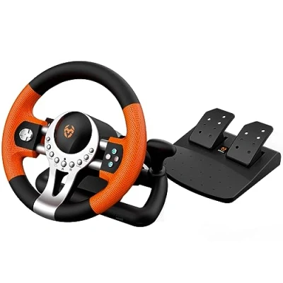 Obrázek KROM Multifunkční volant a sada pedálů K Driver, řadicí páka kolébky na volantu, vibrační efekt, kompatibilní s PC, PS3, PS4 Xbox, černá/oranžová