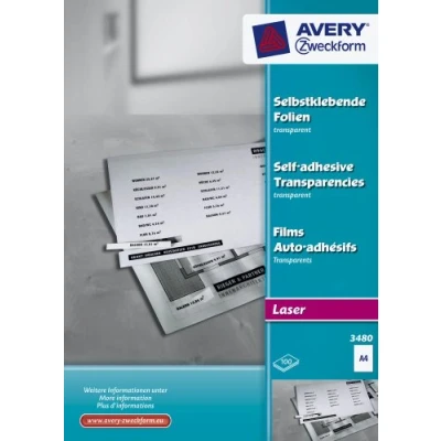 Obrázek AVERY Zweckform 3480 transparentních fólií pro laserové tiskárny a kopírky (100 samolepicích fólií, A4, matný povrch, výborně označitelné, stohovatelné, tloušťka fólie 0,14 mm)