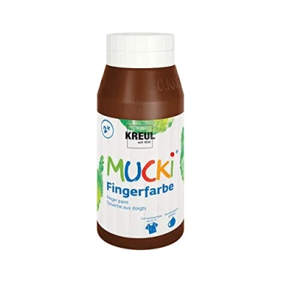 Obrázek KREUL 23211 Zářivá prstová barva Mucki, 750 ml v hnědé barvě, na vodní bázi, bez parabenů, lepku, laktózy a veganská, omyvatelná, malovatelná štětcem, houbou, špachtlí prsty
