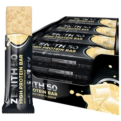 Obrázek IronMaxx Zenith 50 High Protein Bar White Chocolate Crisp 16 x 45 g proteinové tyčinky s % obsahem bílkovin low carb, sugar důležitými aminokyselinami