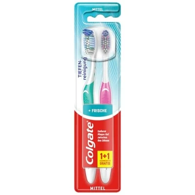 Obrázek Colgate zubní kartáček Total kulaté čištění, střední, 2 kusy ruční čistí povrchy, jazyk, tváře a hluboko do mezizubních prostorů, se středně tvrdými štětinami