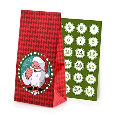 Obrázek Adventní kalendář k naplnění Santa Claus, 24 lakovaných papírových sáčků, dárkových Vánoce, vánoční kalendář, sada pro kutily vč. nálepek adventních číslic pajoma