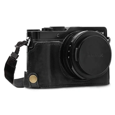 Obrázek MegaGear MG1563 Panasonic Lumix DC LX100 II Ever Ready pravá kůže polopouzdro na fotoaparát s popruhem černá