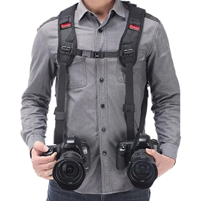 Obrázek Zto dvojitý ramenní popruh woto pro fotoaparátu rychlouzávěr, nastavitelný kamery s bezpečnostním popruhem a čisticím hadříkem na objektiv DSLR SLR kameru