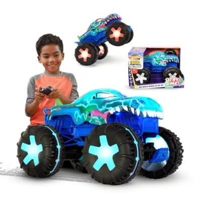 Obrázek Hot Wheels Monster Trucks dálkově ovládané auto, autíčko na hraní, nadrozměrný Mega Wrex Alive v měřítku 1:15 s dálkovým ovládáním, 3 herní režimy interaktivními světly a zvuky,