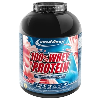 Obrázek IronMaxx 100% Whey Protein prášek jahoda 2,35 kg dóza s redukcí cukru, ve vodě rozpustný proteinový ze syrovátkového proteinu mnoho různých příchutí