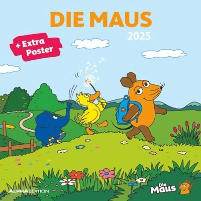 Obrázek Alpha Edition Myš 2025 brožurový kalendář 30 x cm, dětský s humornými ilustracemi pro každý měsíc, fáze měsíce, termíny prázdnin DE/AT/CH a mezinárodní