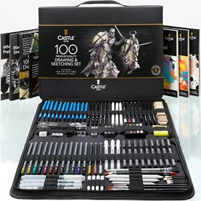 Obrázek Castle Art Supplies 100dílná sada na kreslení/skicování Grafit, uhlí, pastelové, metalické, vodou roztíratelné tužky s hůlkami, Fineliner Pro profesionální umělce, zkušené umělce robustní