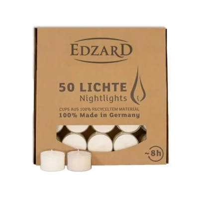 Obrázek Edzard 50 čajových svíček, bílé (ø 38 mm, doba hoření 8 hodin) z parafínu, bez vůně Nightlights, čajové svíčky na sklenici svíčky, ideální pro trvalou svíčku Cornelius