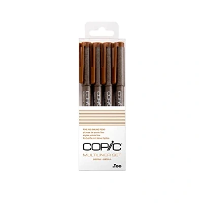 Obrázek COPIC Multiliner sada, sépia, 4 mikrofix v různých tloušťkách tahů, zvýrazňovací tužky s jemnou špičkou a voděodolným pigmentovým inkoustem