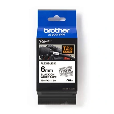 Obrázek Brother Originální P Touch popisovací páska 6 mm, černá na bílé (m.a PT H100LB/R, H105, E100/VP, D200/BW/VP, D210/VP) pro označení kabelů a trubek, laminované TZEFX211