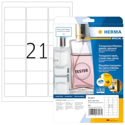 Obrázek HERMA 8017 Fóliové etikety odolné vůči povětrnostním vlivům transparentní, 25 listů, 63,5 x 38,1 mm, 21 na arch A4, 525 kusů, samolepicí, potištěné, lesklé, prázdné lepicí z fólie, průhledné