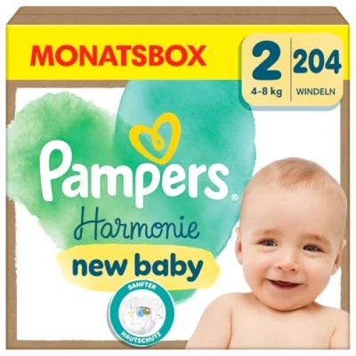 Obrázek Pampers Dětské plenky velikost 2 (4 8 kg) Harmonie, měsíční box, jemná ochrana pokožky a obsažené látky na bázi rostlin, 204 kusů